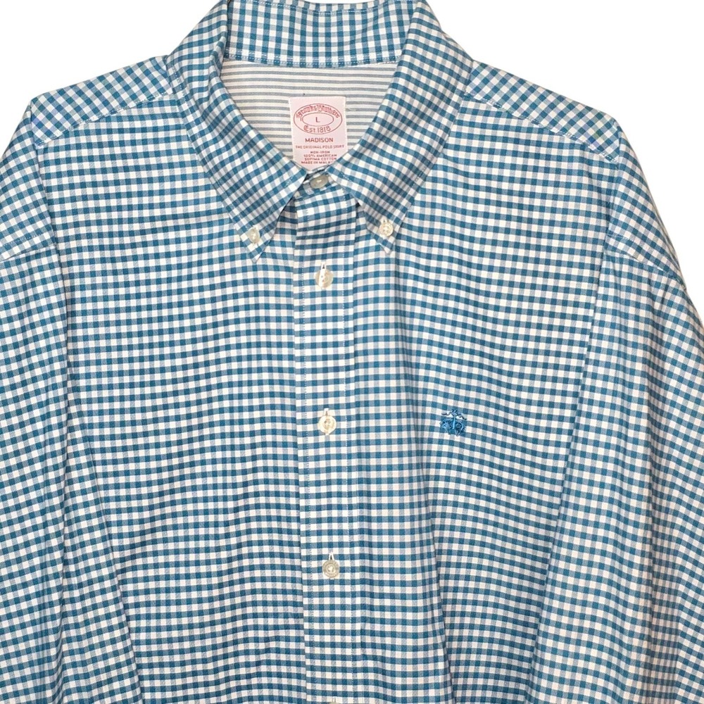Brooks Brothers Madison Mens L Blue Gingham Checkered Button Down Shirt Non Iron - Picture 6 of 9